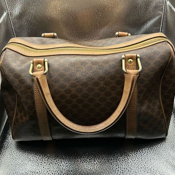 Celine Boston 30 Bag Brown Tan Signature Lattice Logo Print Top Handle Duffle - Picture 3 of 16